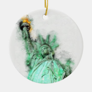 Statue of Liberty Watercolor Close-up Portrait Ceramic Ornament