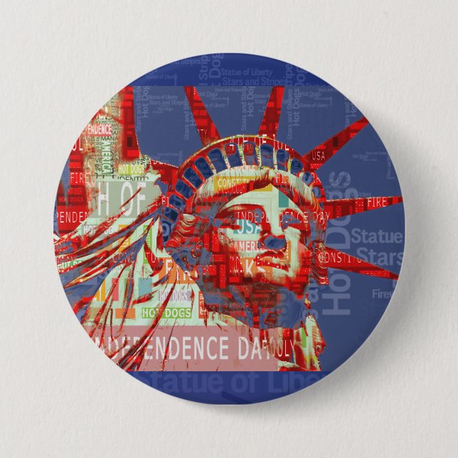 Statue of Liberty with 4th of July Word Cloud 3 Inch Round Button (Front)