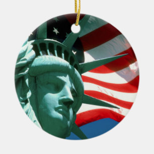 STATUE OF LIBERTY WITH AMERICAN FLAG CERAMIC ORNAMENT
