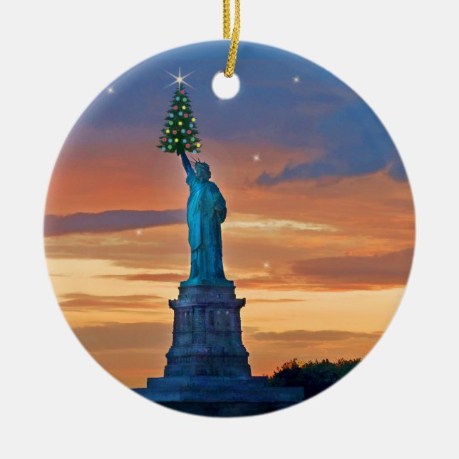 Statue of Liberty with Christmas Tree Ceramic Ornament (Front)