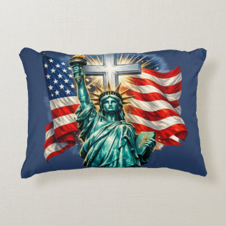 Statue of Liberty with Flags and Cross Accent Pillow