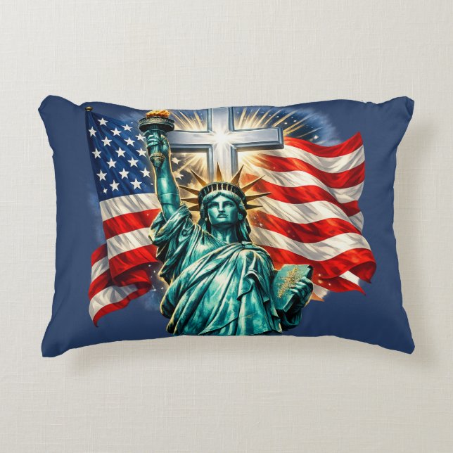 Statue of Liberty with Flags and Cross Accent Pillow (Front)