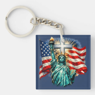 Statue of Liberty with Flags and Cross Keychain