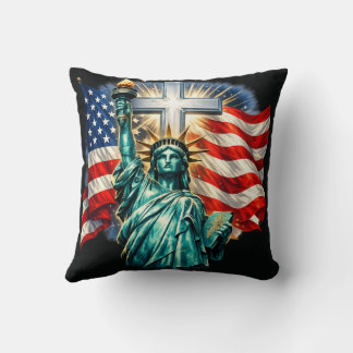 Statue of Liberty with Flags and Cross Throw Pillow