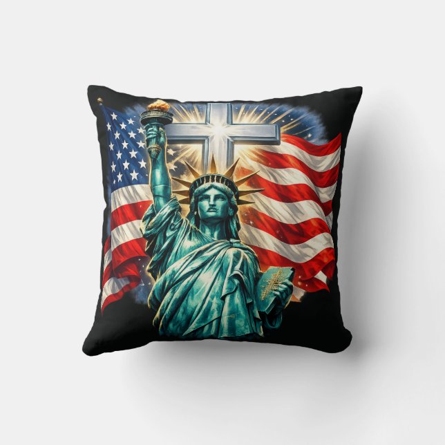 Statue of Liberty with Flags and Cross Throw Pillow (Back)