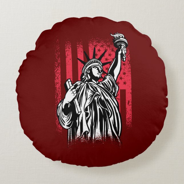Statue Of Liberty With USA Flag Round Pillow (Front)