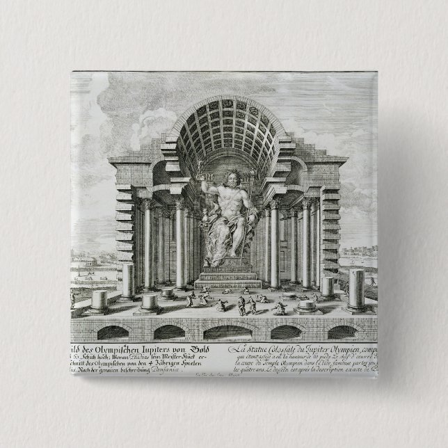 Statue of Olympian Zeus, made by Phidias in gold a 2 Inch Square Button (Front)