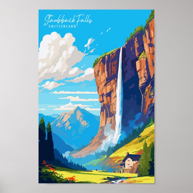 Staubbach Falls vintage travel illustration Poster (Front)