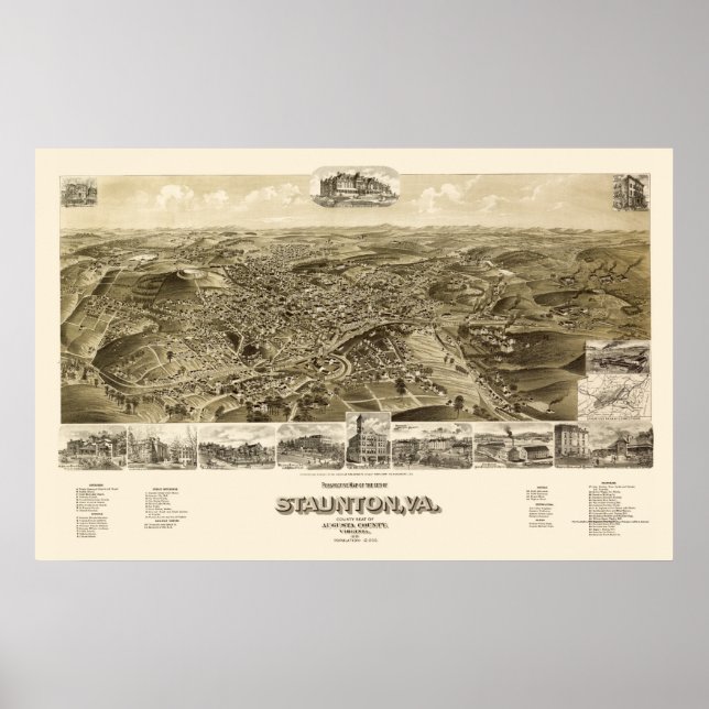 Staunton, VA Panoramic Map - 1891 Poster (Front)