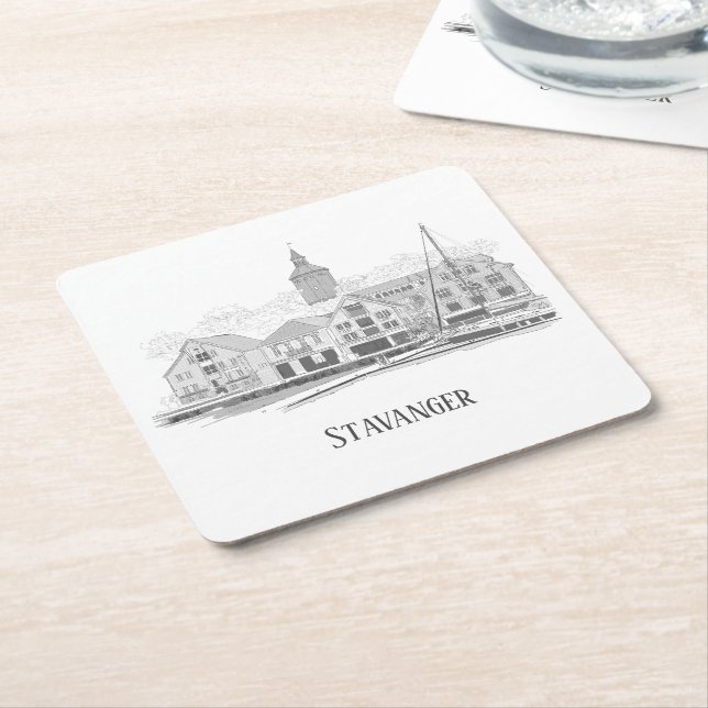 Stavanger Norway Beautiful Streetscape Drawing Square Paper Coaster (Angled)