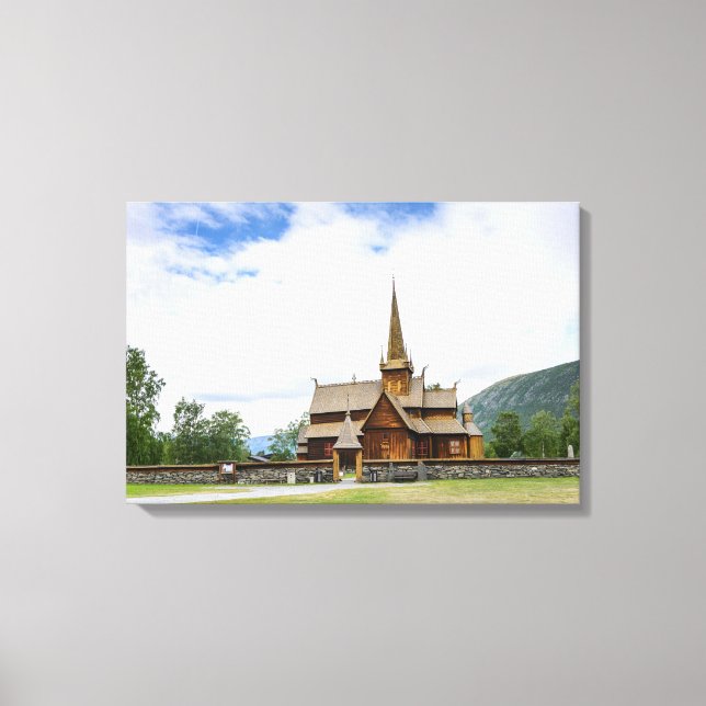 Stave church in Lom, Norway canvas print (Front)