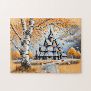 Stave Church in Pastel Chalk Drawing Jigsaw Puzzle