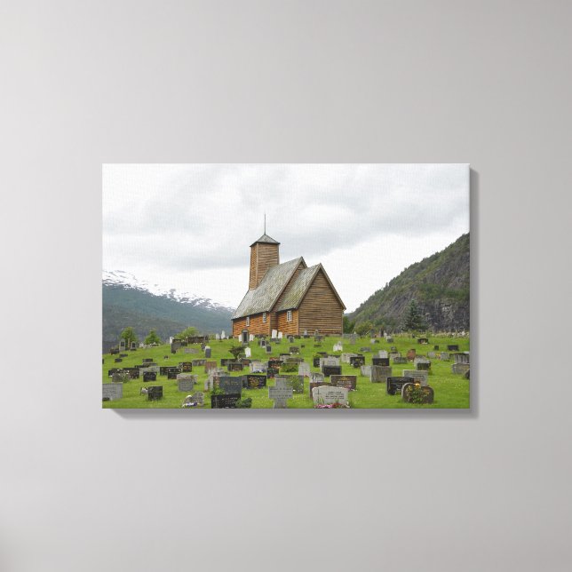 Stave church with graveyard in Norway canvas Print (Front)
