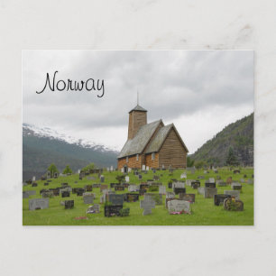 Stave church with graveyard postcard with Norway