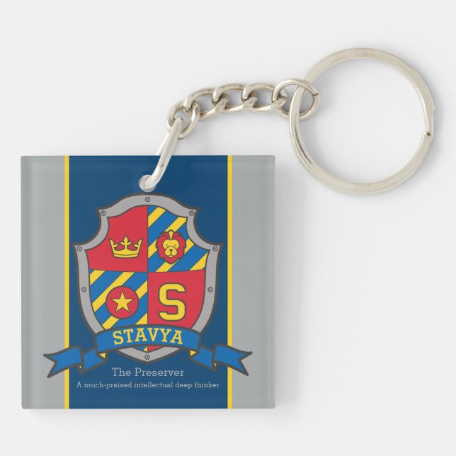 Stavya name meaning letter S knight crest custom Keychain (Back)