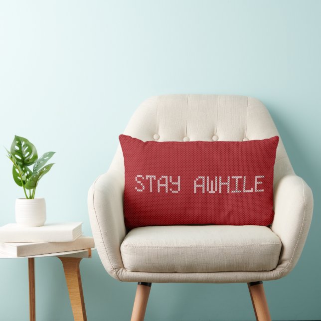 Stay Awhile Cross Stitch on Red Lumbar Pillow (Chair)