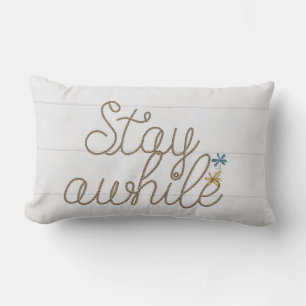 Stay Awhile nautical rope text on whitewashed wood Lumbar Pillow