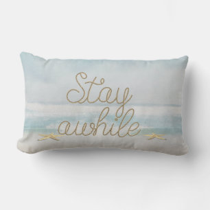 Stay Awhile nautical rope text with starfish Lumbar Pillow