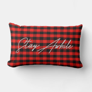 Stay Awhile quote on lumberjack plaid Lumbar Pillow