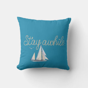 Stay Awhile Rope on Aqua Throw Pillow