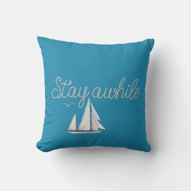 Stay Awhile Rope on Aqua Throw Pillow (Front)