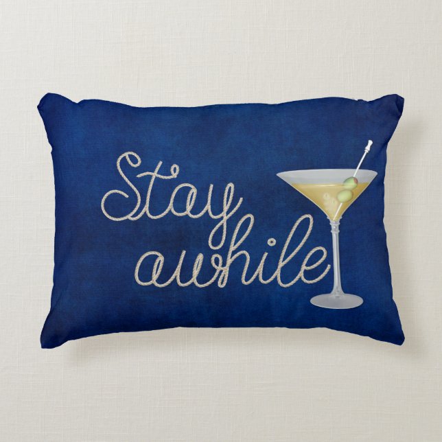 "stay awhile" rope on blue accent pillow (Front)