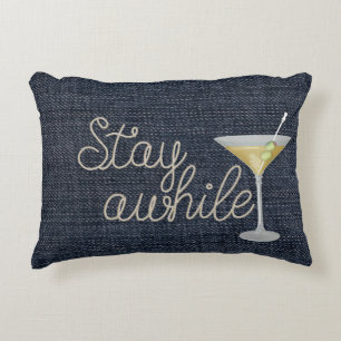 "stay awhile" rope on blue denim accent pillow