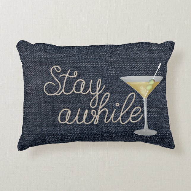 "stay awhile" rope on blue denim accent pillow (Front)