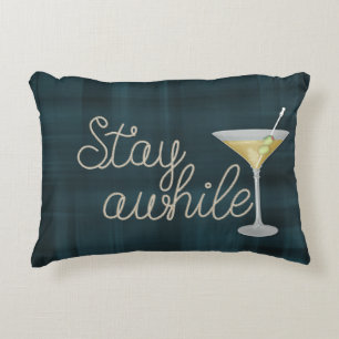 "stay awhile" rope on plaid accent pillow