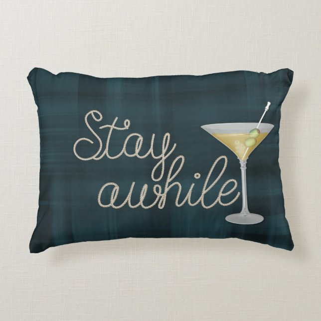 "stay awhile" rope on plaid accent pillow (Front)