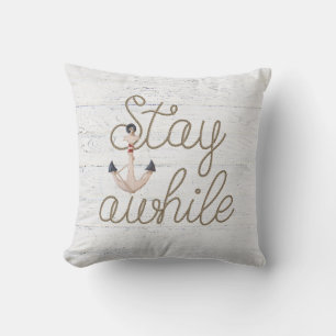 stay awhile rope on whitewashed wood throw pillow