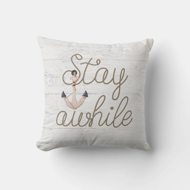 stay awhile rope on whitewashed wood throw pillow (Front)