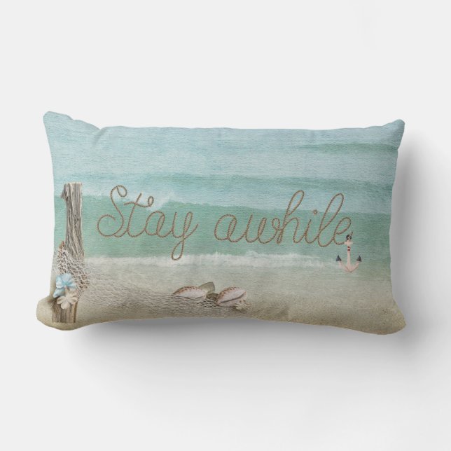 Stay Awhile rope text on watercolor Lumbar Pillow (Front)