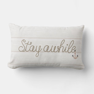 Stay Awhile rope text on whitewashed wood Lumbar Pillow