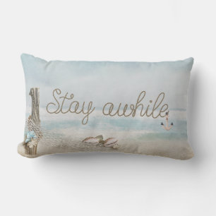 Stay Awhile rope text with anchor and driftwood Lumbar Pillow