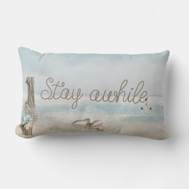 Stay Awhile rope text with anchor and driftwood Lumbar Pillow (Front)