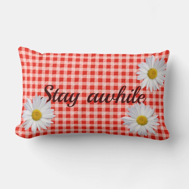 Stay Awhile text on red and white gingham Lumbar Pillow (Front)
