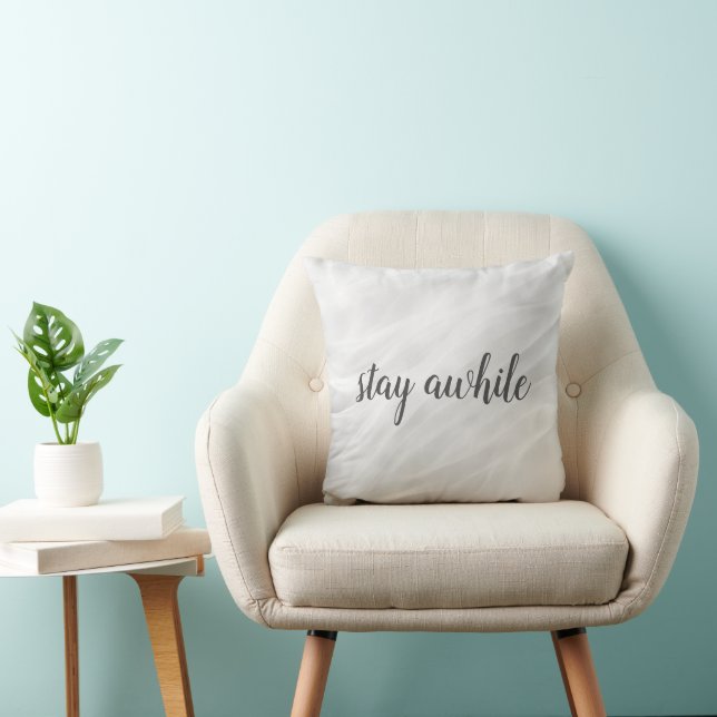 Stay Awhile Text On White Marble Abstract Throw Pillow (Chair)