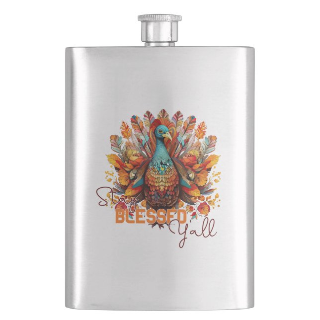 Stay Blessed Y'all with Colourful Turkey  Hip Flask (Front)