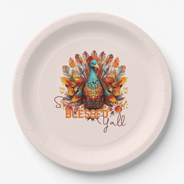 Stay Blessed Y'all with Colourful Turkey  Paper Plate (Front)