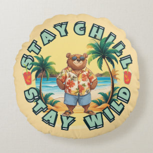 Stay Chill Stay Wild – Summer Beach Bear Design Round Pillow