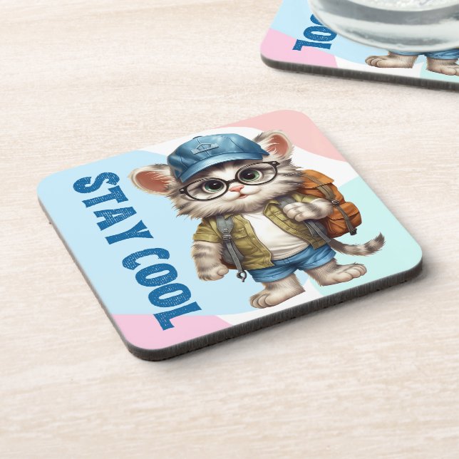 Stay Cool Cat Wearing Glasses Cap Back To School Coaster (Left Side)
