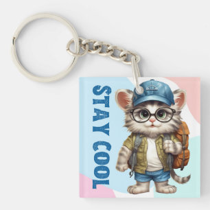 Stay Cool Cat Wearing Glasses Cap Back To School Keychain
