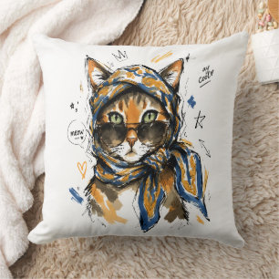 Stay Cool Cat with Sunglasses & Paisley Scarf Throw Pillow