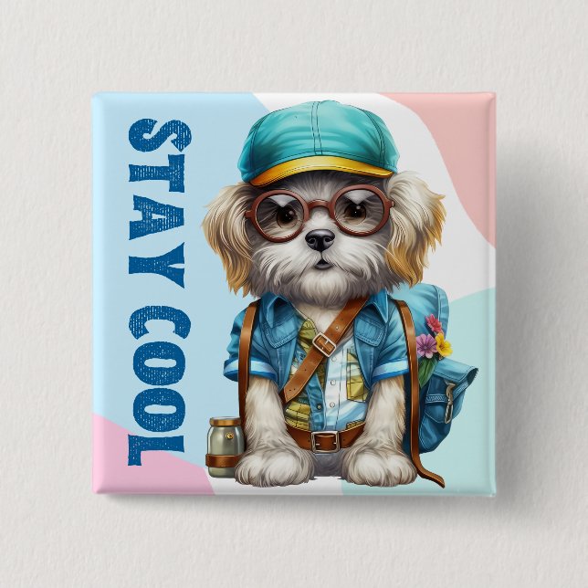 Stay Cool Dog Wearing Glasses Cap Back To School  2 Inch Square Button (Front)