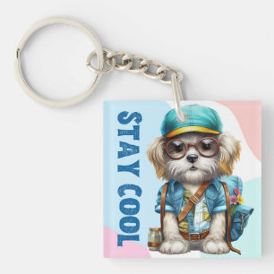 Stay Cool Dog Wearing Glasses Cap Back To School  Keychain