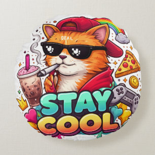 Stay Cool Vibes – Chill Cat Streetwear Round Pillow
