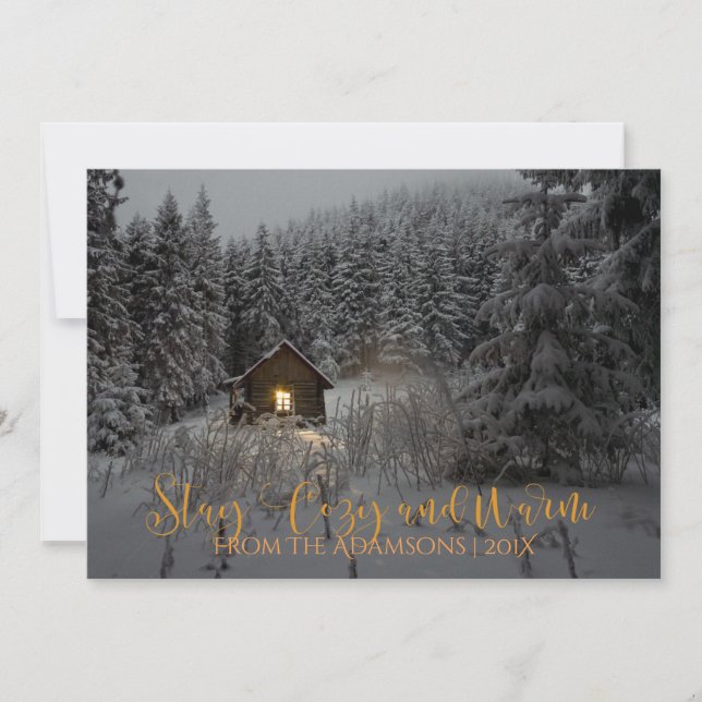 Stay Cozy And Warm Log Cabin in Snow Photo Invitation (Front)