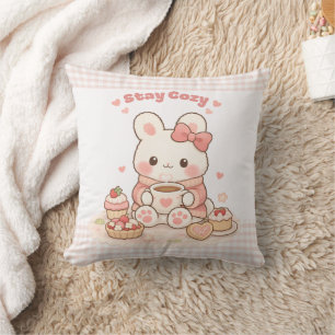 Stay Cozy Cute Bunny Pink Gingham Sweet Home  Throw Pillow