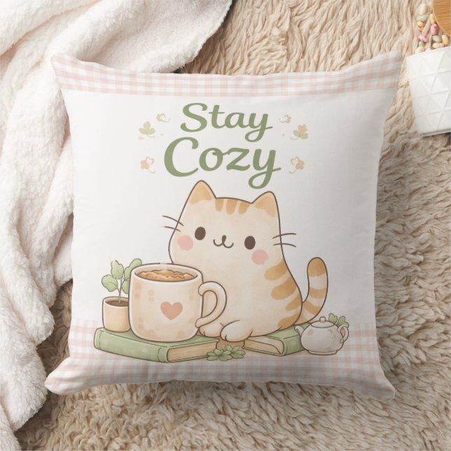 Stay Cozy Cute Kitty Cat Pink Gingham Sweet Home  Throw Pillow (Blanket)